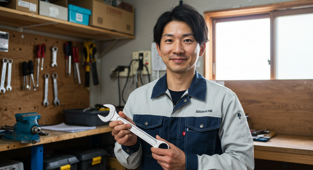 修理した工具を手にして微笑んでいる人